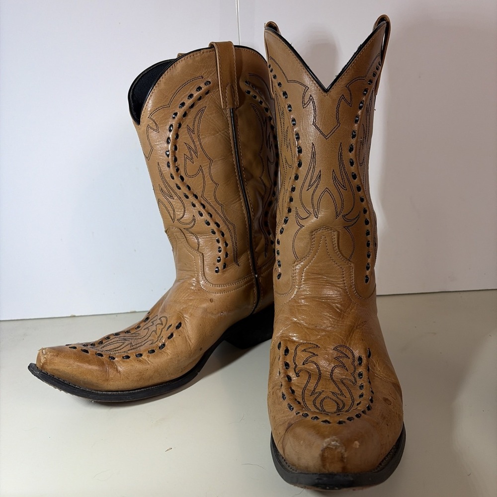 LAREDO Laramie Bucklace Tan Leather Cowboy Boots Western Snip Toe Mens 13D 68432